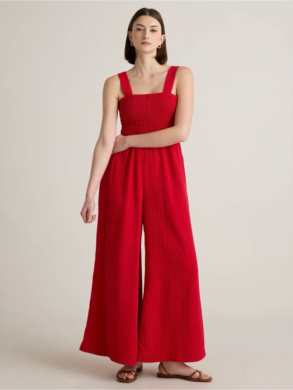 Quince 100% Organic Cotton Gauze Smocked Wide Leg Jumpsuit in Wild Cherry L NWOT